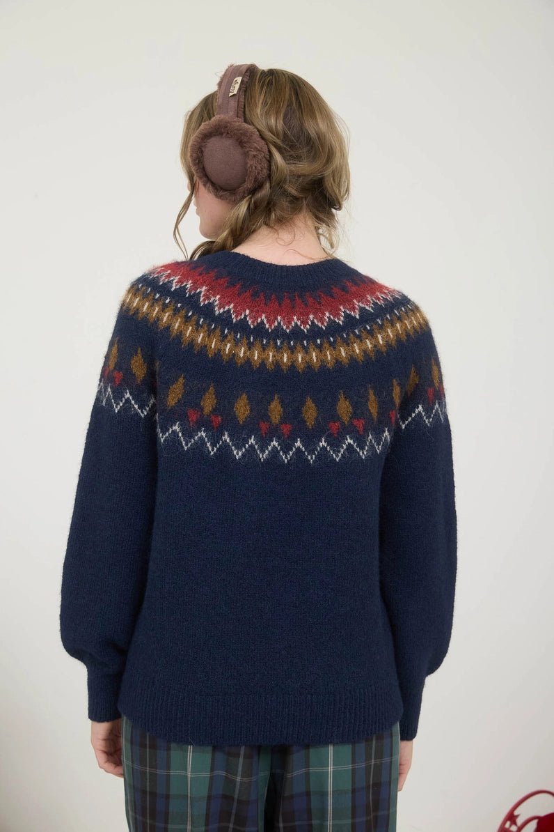 Fuzzy Fair Isle Crew Neck Knit Pullover Sweater - Blush & Cactus