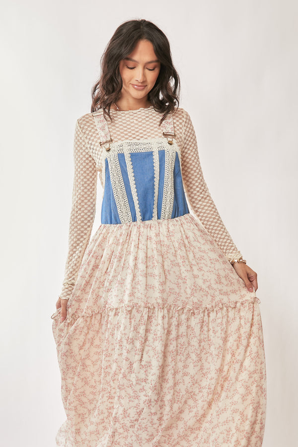 Davi & Dani Denim With Lace Skirt Overall Midi Dress