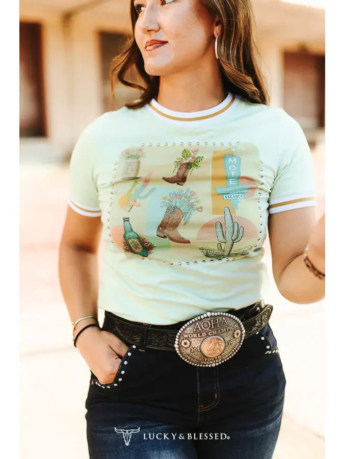 Pistachio Cactus Boots Vintage Studded Short Sleeve Shirt - Blush & Cactus