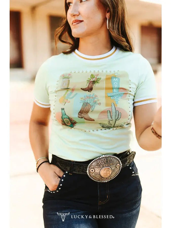 Pistachio Cactus Boots Vintage Studded Short Sleeve Shirt - Blush & Cactus