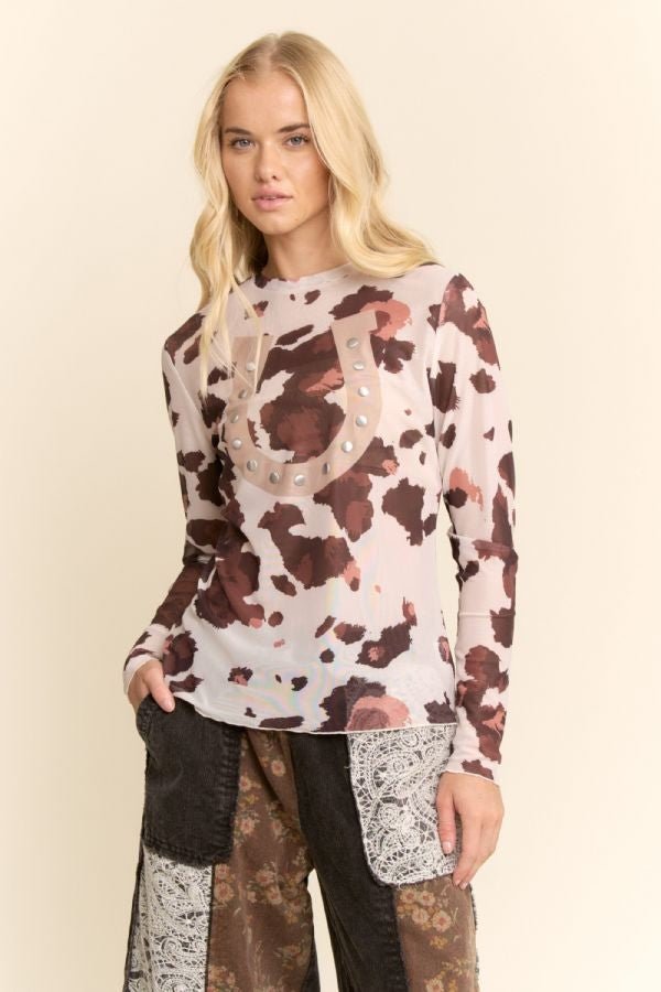 Davi & Dani Cowcamo and Studded Horseshoe Printed Mesh Top - Blush & Cactus