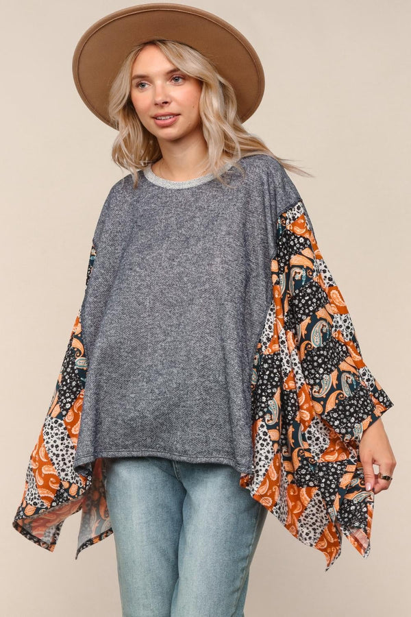 Twotone French Terry Knit Top/ Poncho - Blush & Cactus