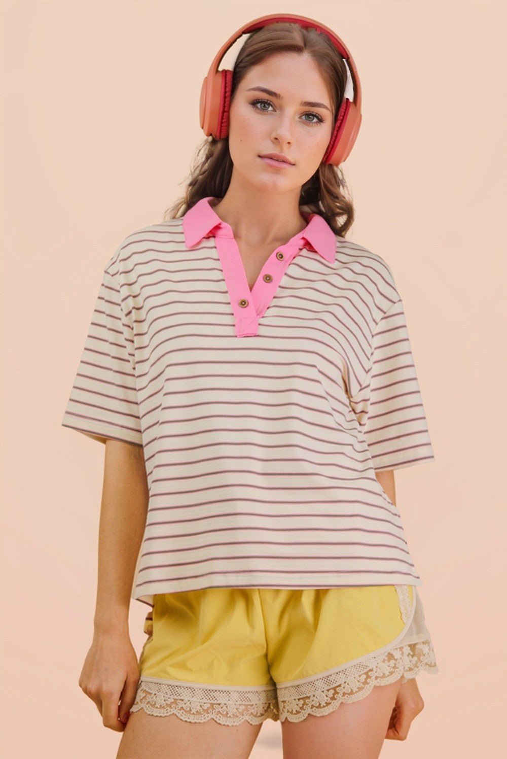 Oversized Stripe Knit Top W/ Cont Collar - Blush & Cactus