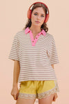 Oversized Stripe Knit Top W/ Cont Collar - Blush & Cactus