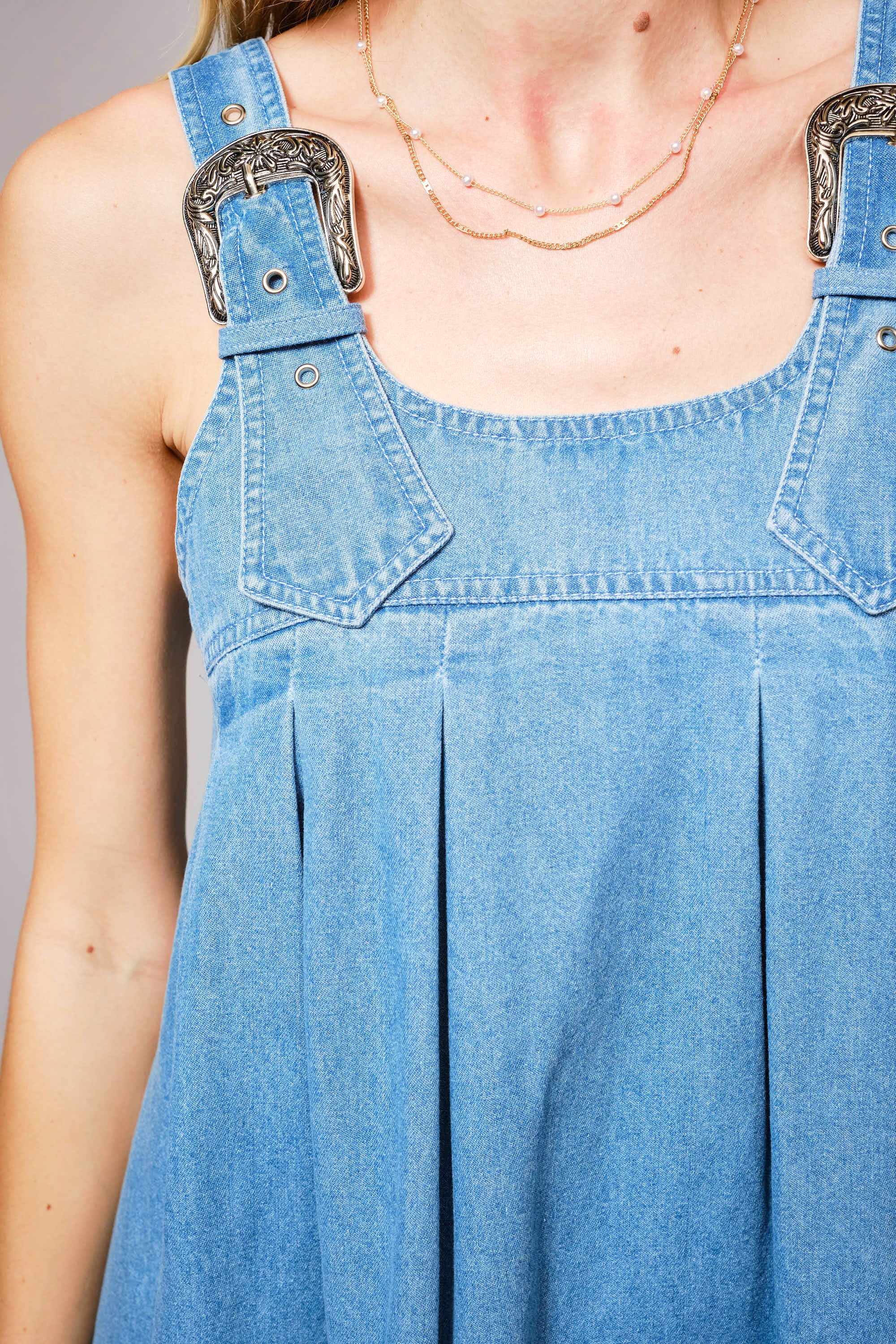 Blue B Western Buckle Strap Ruffle Deniim Dress