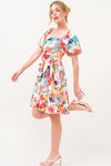 SALE Square Neck Bubble Sleeve Floral Printed Dress - Blush & Cactus