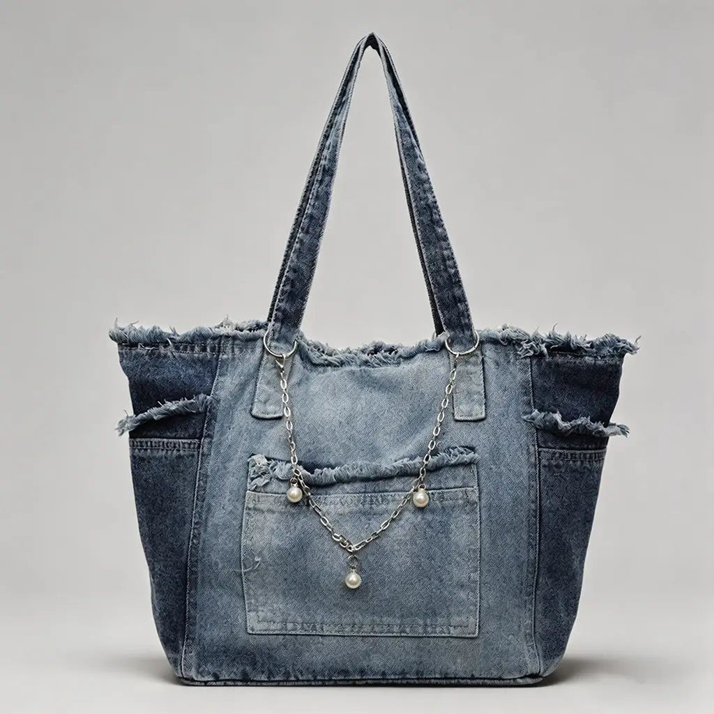Frayed Edge Denim Tote Bag - 8 patches - Blush & Cactus