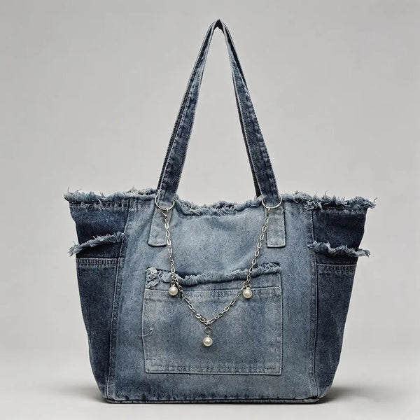 Frayed Edge Denim Tote Bag - 8 patches - Blush & Cactus