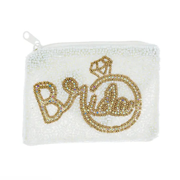 White Bride Seed Bead Handmade Beaded Coin Purse Wallet
