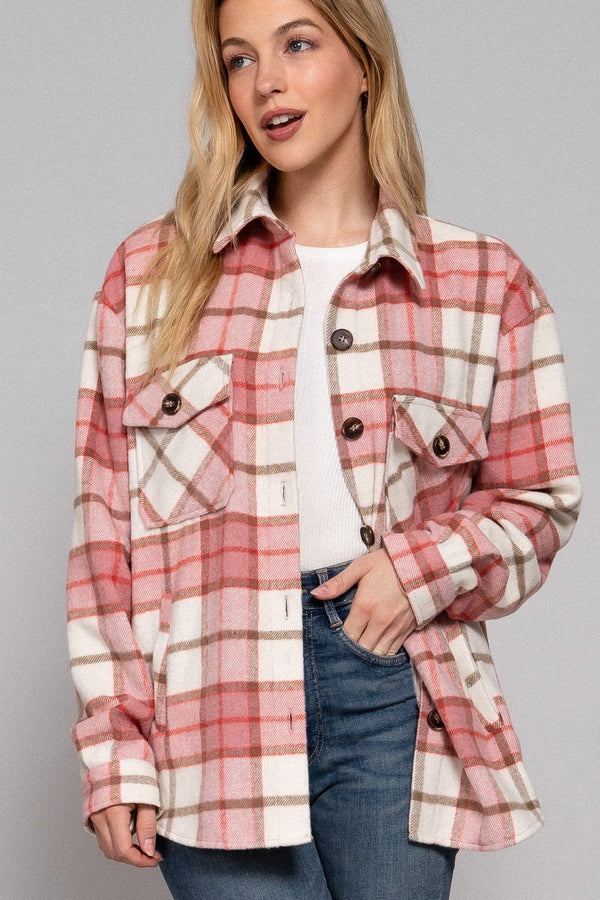 Long Slv Wool Blend Plaid Jacket - Blush & Cactus