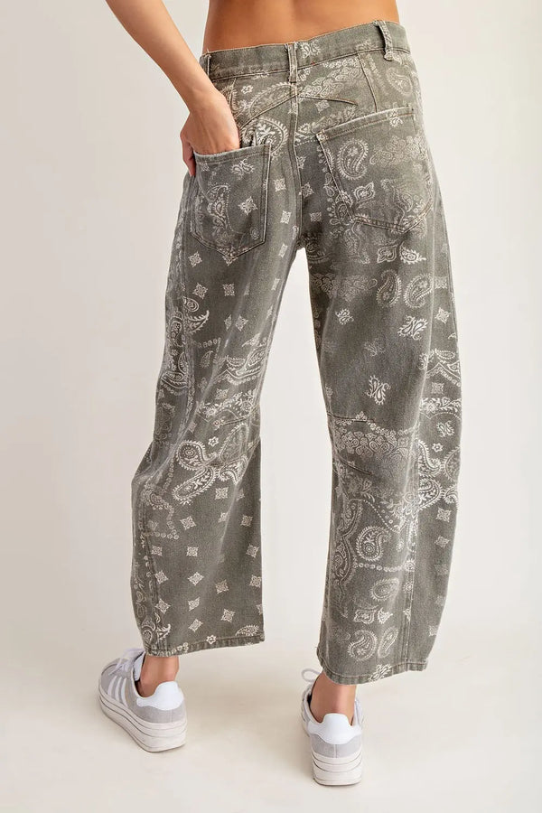 eesome Mineral Washed Paisley Printed Barrel Jeans