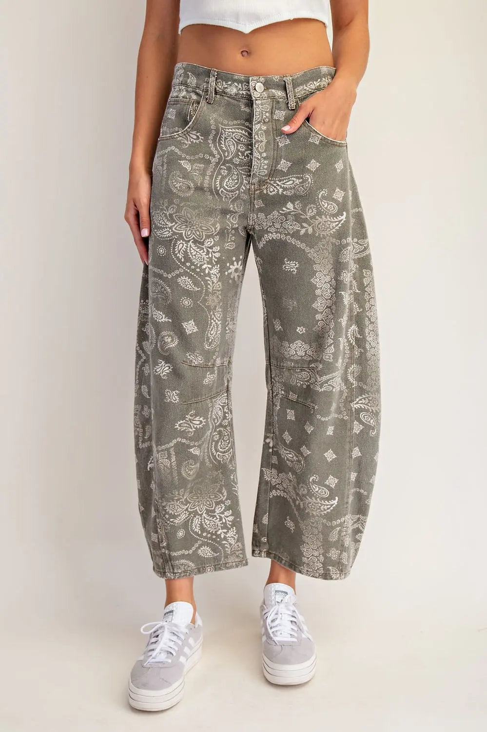 eesome Mineral Washed Paisley Printed Barrel Jeans