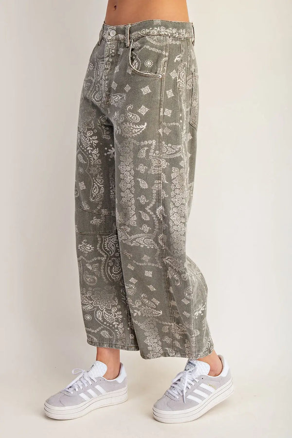 eesome Mineral Washed Paisley Printed Barrel Jeans