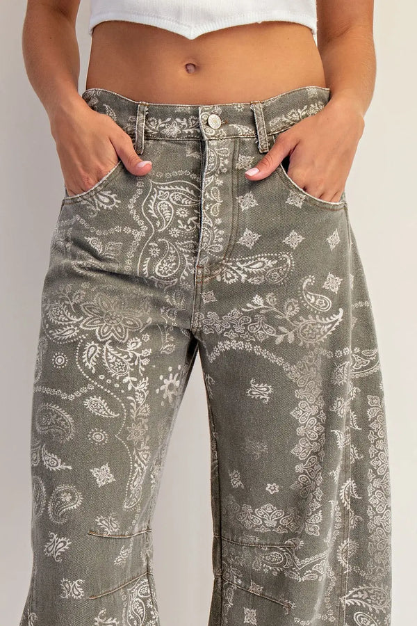 eesome Mineral Washed Paisley Printed Barrel Jeans