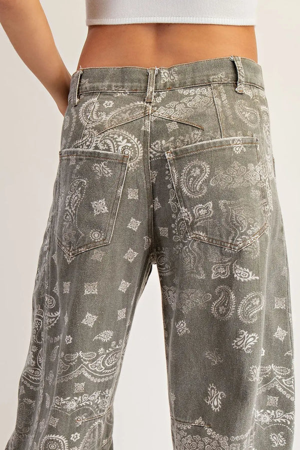 eesome Mineral Washed Paisley Printed Barrel Jeans