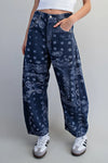 eesome Mineral Washed Paisley Printed Barrel Jeans - Blush & Cactus
