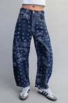 eesome Mineral Washed Paisley Printed Barrel Jeans - Blush & Cactus