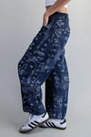 eesome Mineral Washed Paisley Printed Barrel Jeans - Blush & Cactus