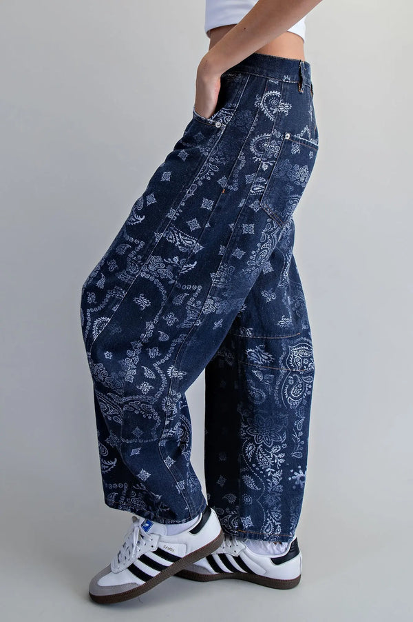 eesome Mineral Washed Paisley Printed Barrel Jeans - Blush & Cactus