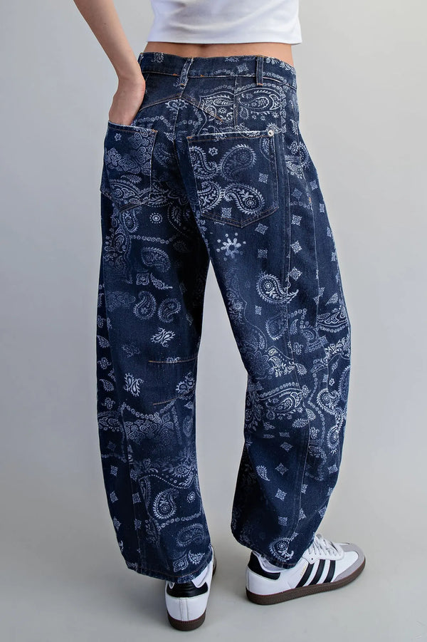 eesome Mineral Washed Paisley Printed Barrel Jeans - Blush & Cactus