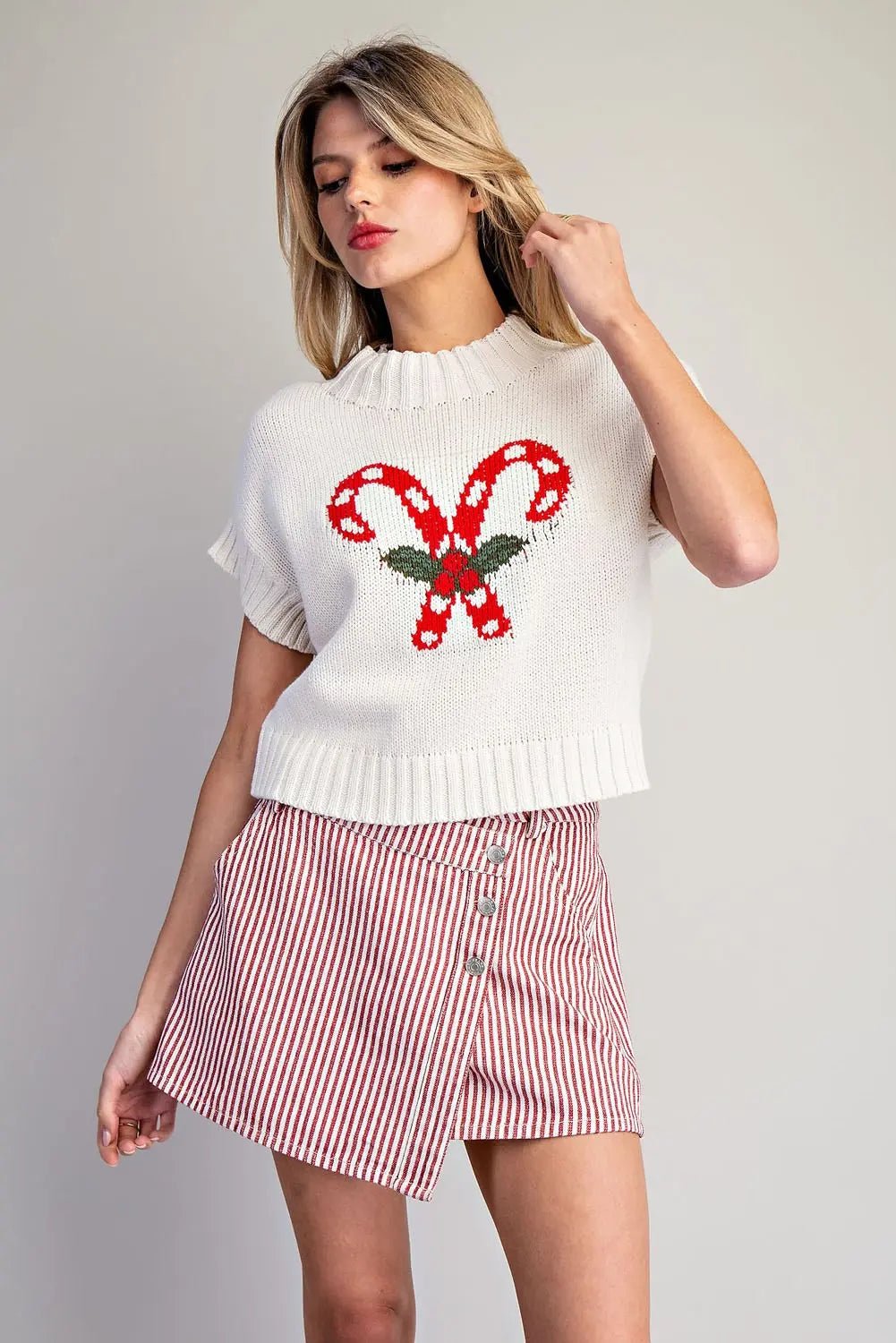 eesome Christmas Candy Cane Short Sleeve Sweater - Blush & Cactus