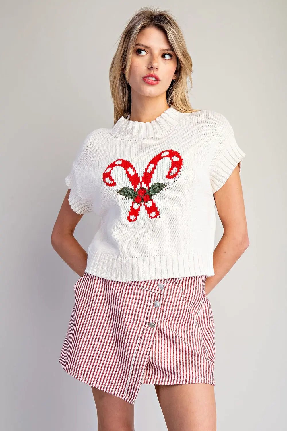 eesome Christmas Candy Cane Short Sleeve Sweater - Blush & Cactus