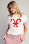 eesome Christmas Candy Cane Short Sleeve Sweater - Blush & Cactus
