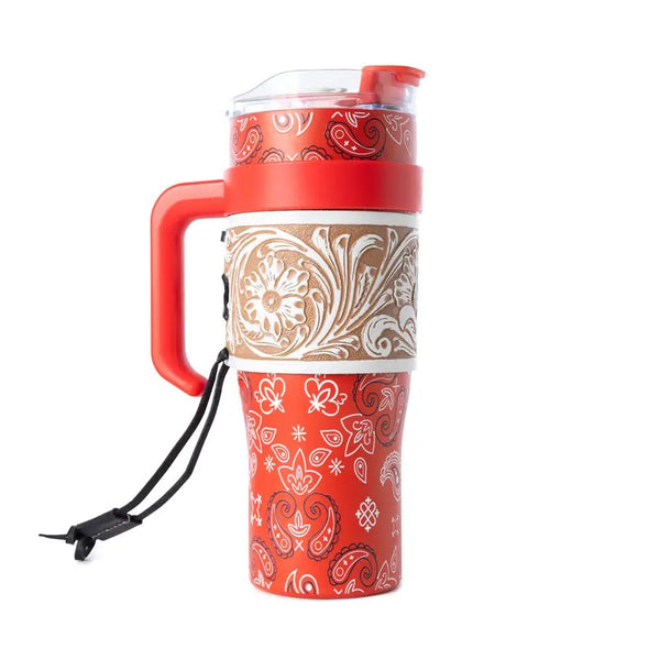 Bandana Tooled Western Tumbler in Red Stainless Steel with Handtooled Leather and Handle For Use - Blush & Cactus