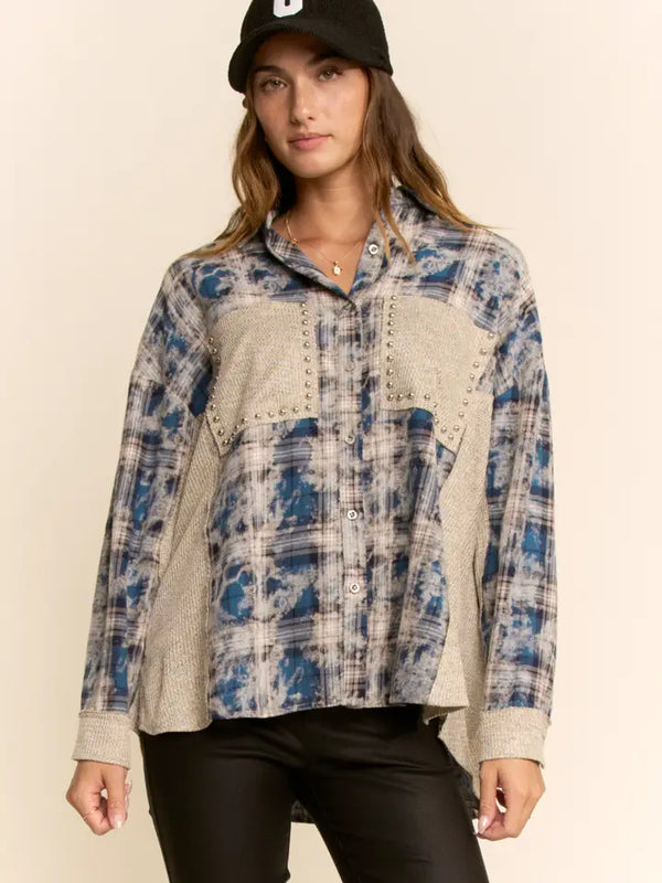Air-Sprayed Plaid Studded Pocket Button-Front Shirt