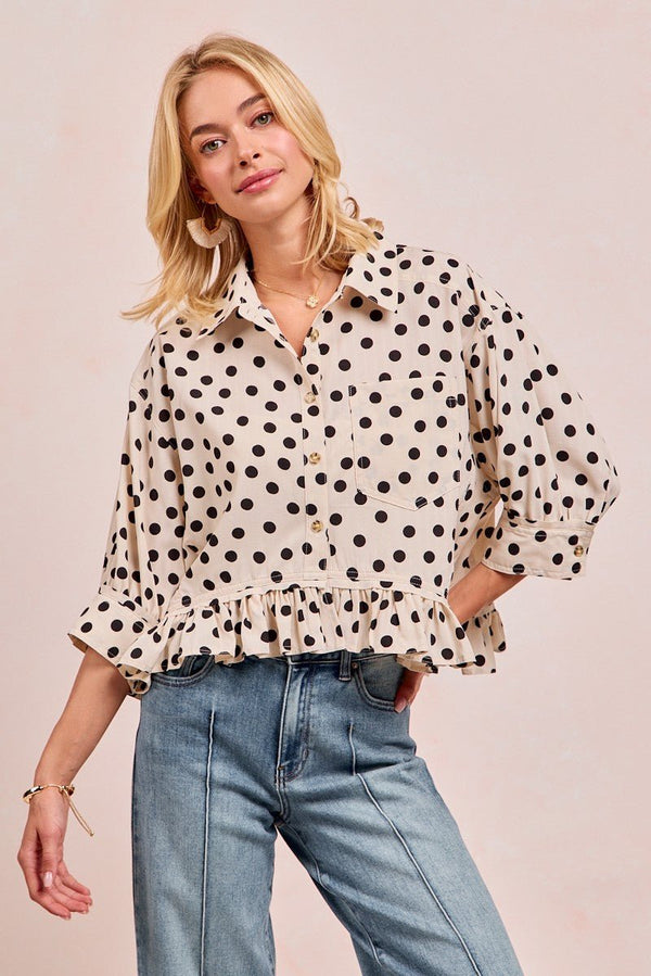 Bibi Polka Dot Printed Peplum Top With Front Button - Blush & Cactus