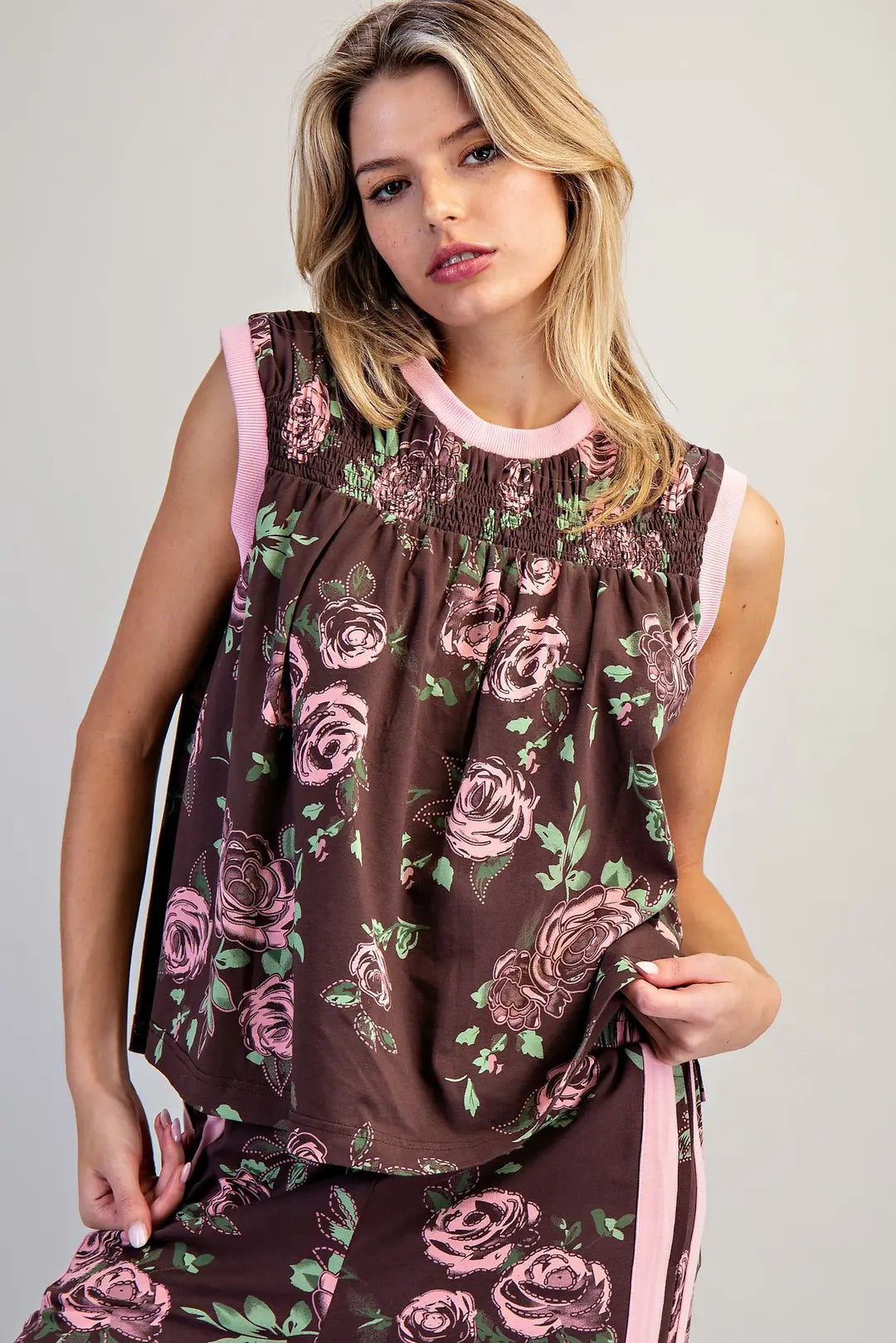 eesome Floral Printed Side Stripe Pants & smocked sleeveless top
