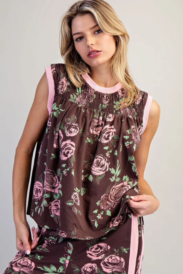 eesome Floral Printed Side Stripe Pants & smocked sleeveless top