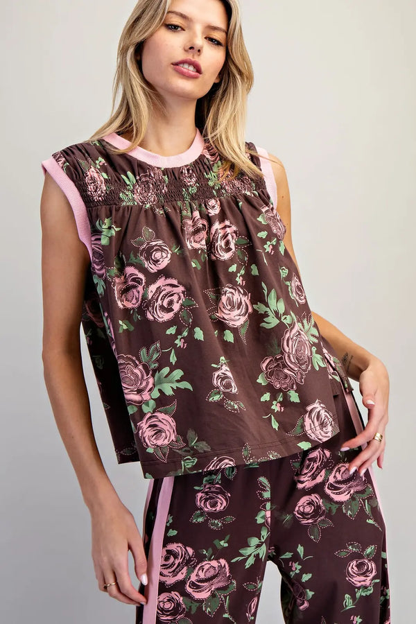 eesome Floral Printed Side Stripe Pants & smocked sleeveless top
