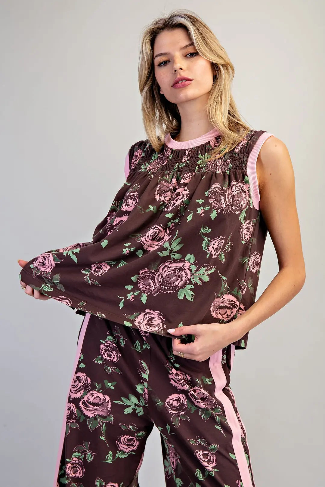 eesome Floral Printed Side Stripe Pants & smocked sleeveless top
