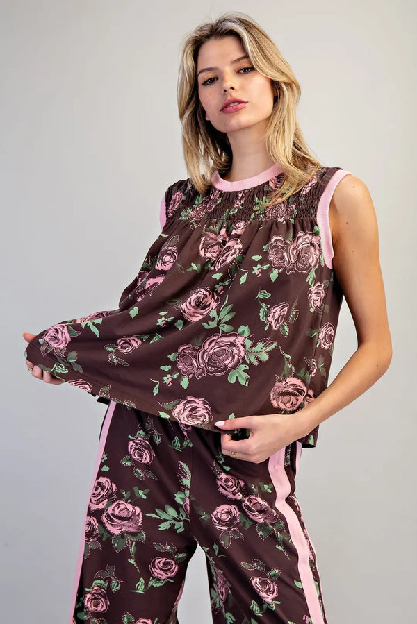 eesome Floral Printed Side Stripe Pants & smocked sleeveless top