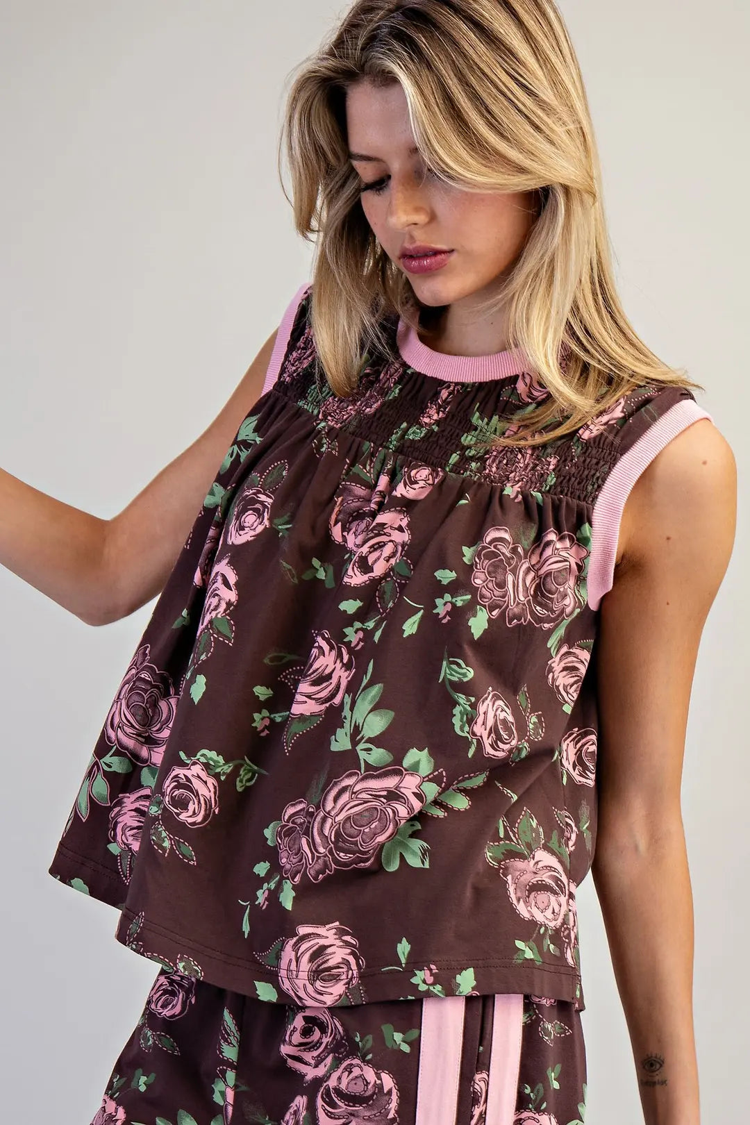 eesome Floral Printed Side Stripe Pants & smocked sleeveless top