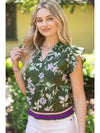 Stripe Ribbed Band Floral Print and Embroidered Top - Blush & Cactus