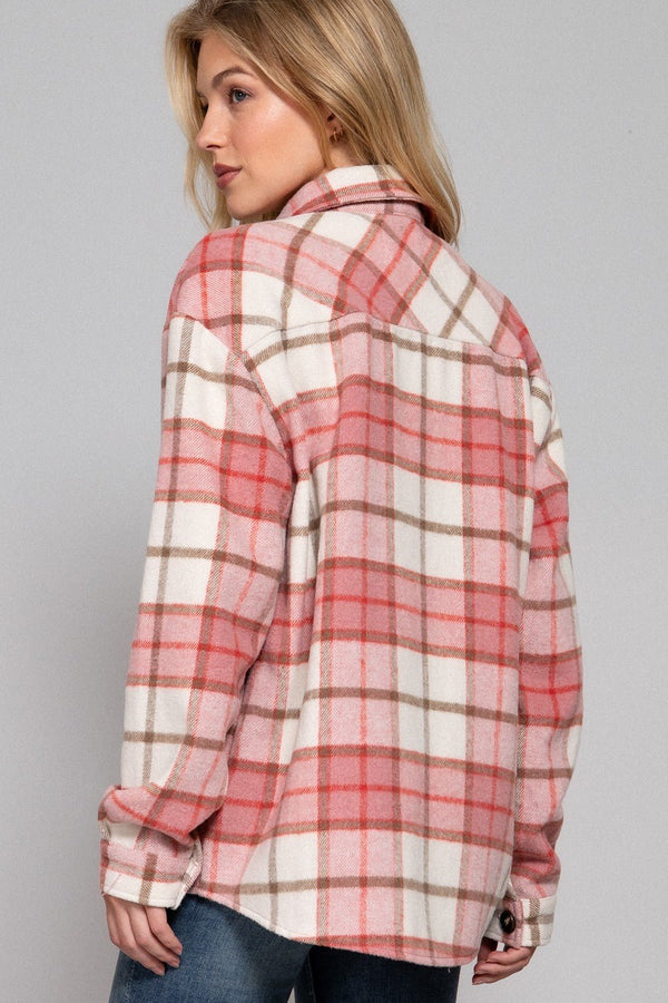 Long Slv Wool Blend Plaid Jacket - Blush & Cactus