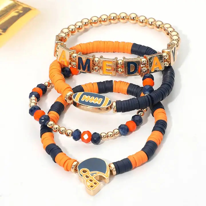 4PCS - Gameday Football Charm Heishi Beaded Stretch Multi Layered Bracelets