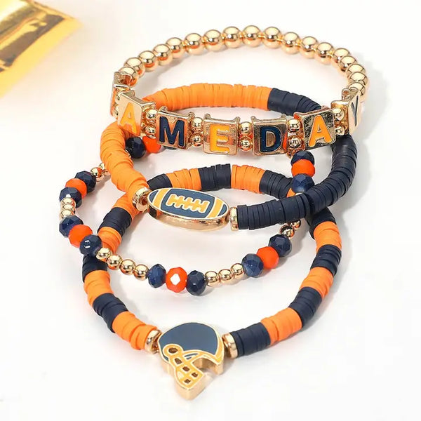 4PCS - Gameday Football Charm Heishi Beaded Stretch Multi Layered Bracelets