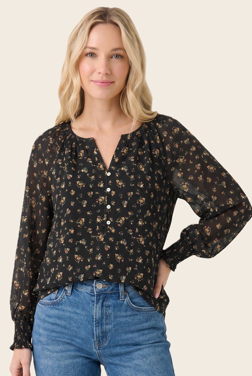 Y Split Button Neck Floral Printed Top - Blush & Cactus