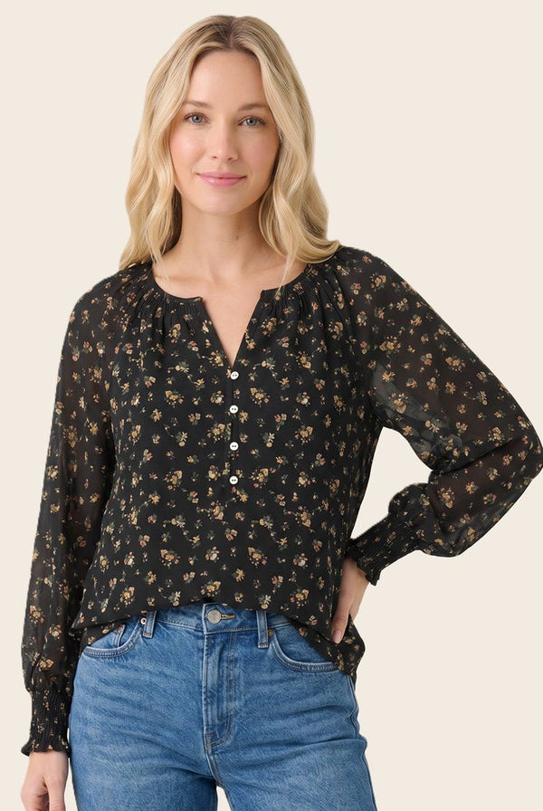 Y Split Button Neck Floral Printed Top - Blush & Cactus