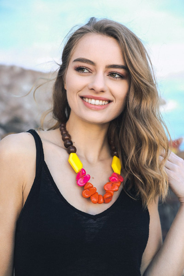 Chunky Neon Wood Beaded Necklace