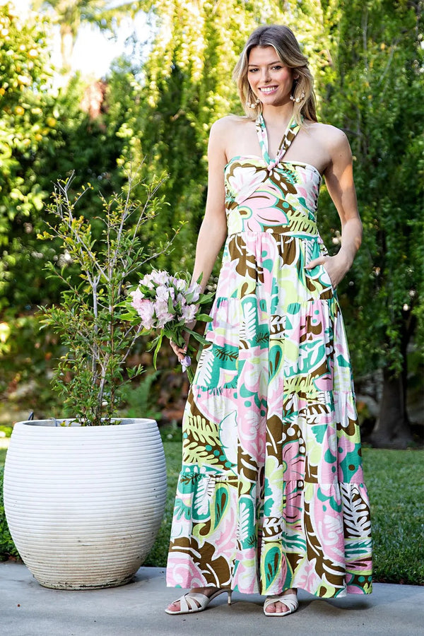Floral Tiered Wide Leg Halter Jumpsuit - Blush & Cactus
