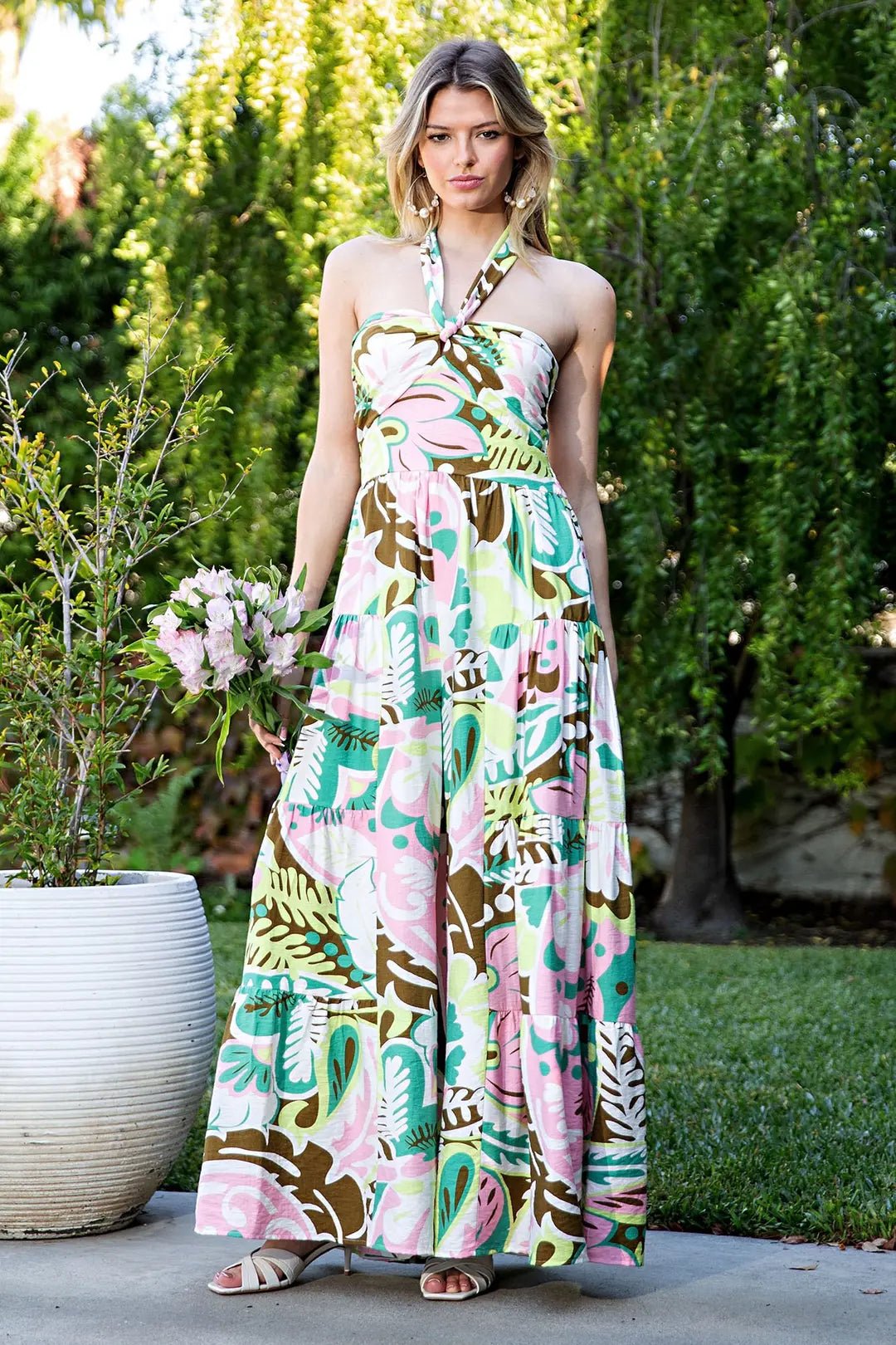Floral Tiered Wide Leg Halter Jumpsuit - Blush & Cactus