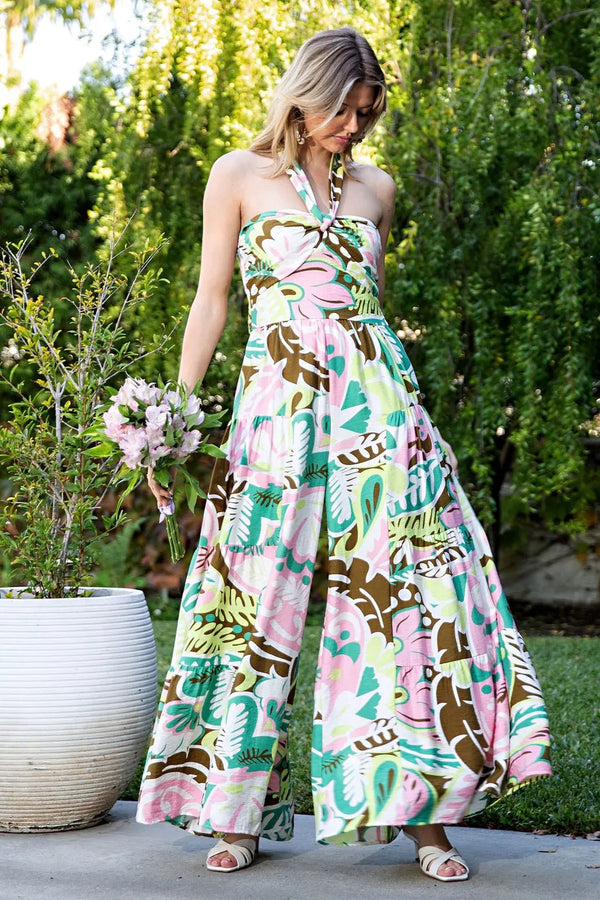 Floral Tiered Wide Leg Halter Jumpsuit - Blush & Cactus