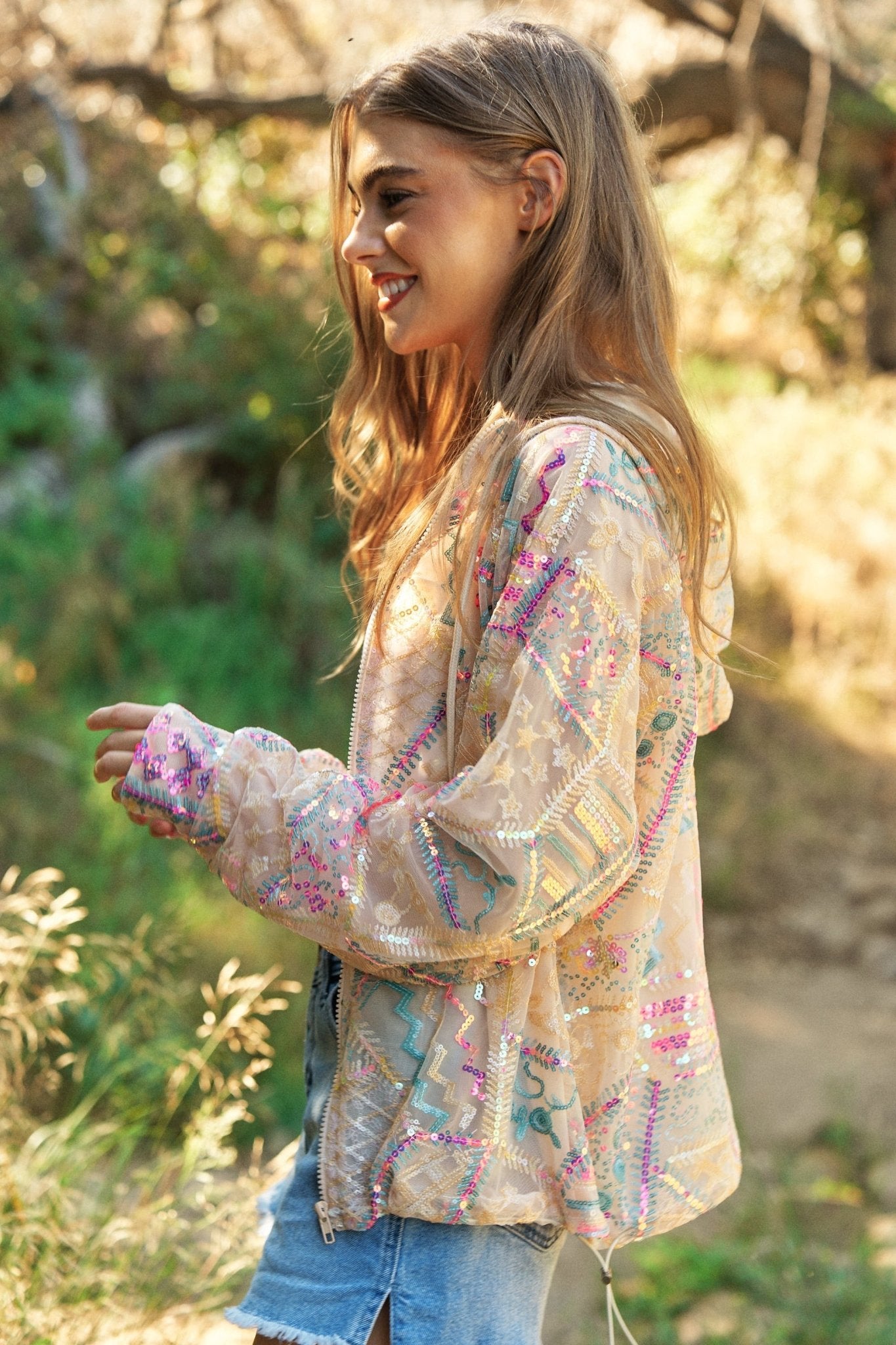 Beaded Sequined Front Zipper Jacket With Hoodie - Blush & Cactus