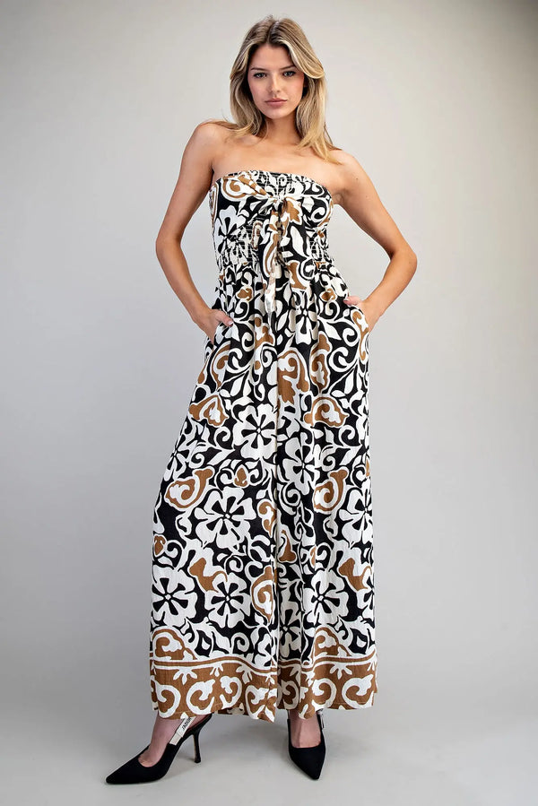 EESOME Printed Strapless Smocked Jumpsuit - Blush & Cactus