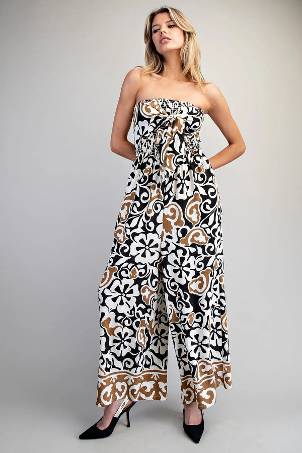 EESOME Printed Strapless Smocked Jumpsuit - Blush & Cactus