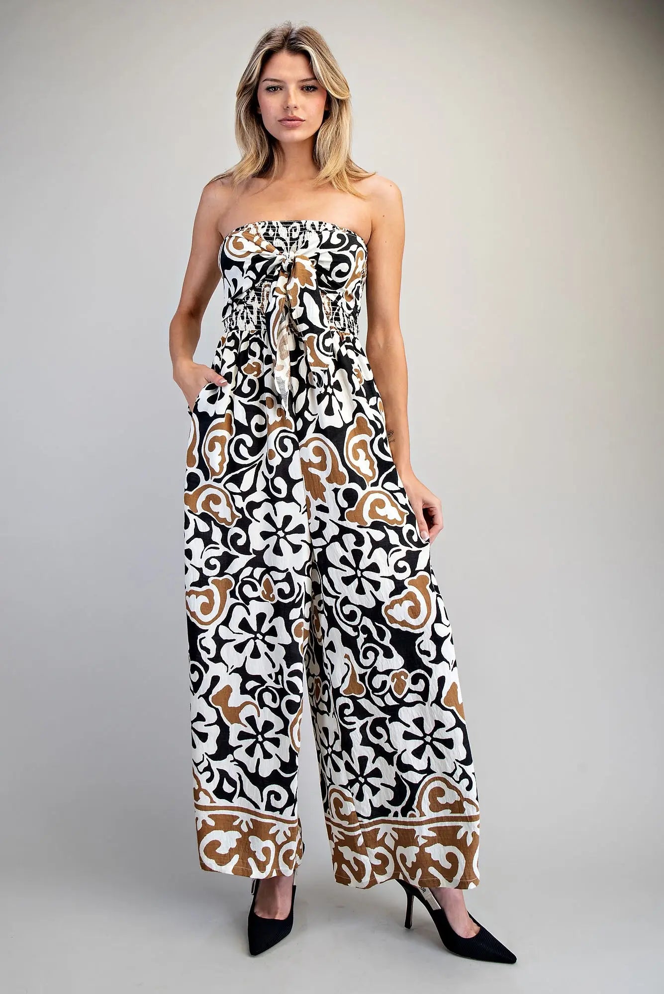 EESOME Printed Strapless Smocked Jumpsuit - Blush & Cactus